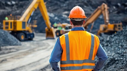 Aufkleber - A man in an orange safety vest stands in front of a large construction site