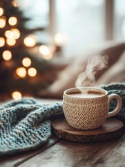 Poster - Warm coffee cup with rising steam on rustic wooden table near cozy Christmas setting. Generative AI
