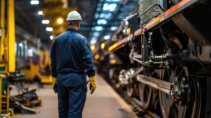 Poster - A man in a blue jacket and yellow gloves is walking near a train