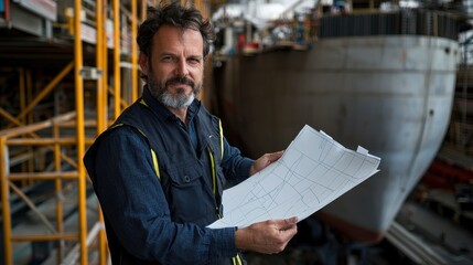 Poster - A man is holding a piece of paper in front of a ship
