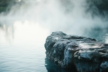Poster - Serene hot spring with steam rising above rocky edges invites relaxation and tranquility at dawn. Generative AI