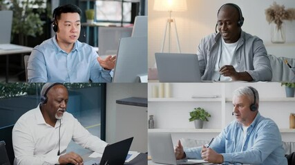 Poster - Four individuals from diverse backgrounds participate in virtual meetings, each focused on their laptops. The bright, modern office enhances the collaborative atmosphere.