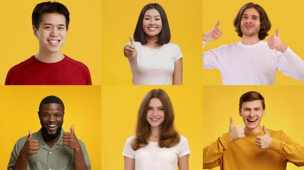 Poster - A cheerful group of six young adults in casual clothing express positivity by giving thumbs up. They stand in front of a bright yellow background, enhancing the happy atmosphere.