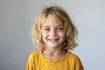 Wall Mural - A young blonde child with long hair smiles gently, wearing a white shirt, against a neutral light background. The child’s soft expression and natural look create a warm, calm atmosphere.