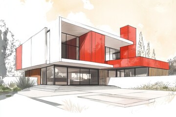Aufkleber - Modern red house architectural sketch, landscape, design