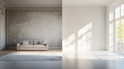 Leinwandbilder - Old dark interior contrasts with bright modern design in stunning room transformation. Generative AI