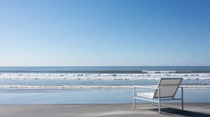 Fototapete - Relaxing at a tranquil beach with a lounge chair, umbrella, and still ocean waves under a clear blue sky. Generative AI