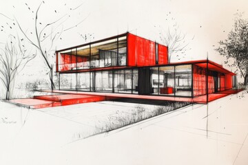 Aufkleber - Modern house architectural sketch, red design, trees background, presentation