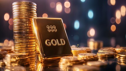 Poster - Golden Bars and Coins Piled Together Glimmering in Soft Light