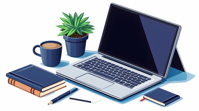 Laptop, coffee, books, plant, workspace, isometric illustration, productivity, home office