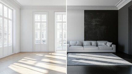 Poster - Contrast of dark interiors and bright, modern design in a renovated room showcasing dramatic transformation. Generative AI