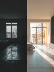 Leinwandbilder - Old dark interiors transformed to bright modern space showcasing renovation contrast. Generative AI