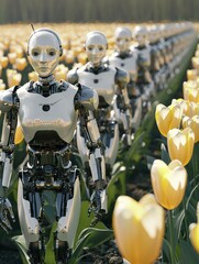 Poster - Robots working in a field of flowers. AI.