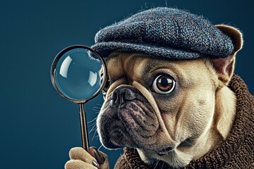 Canvas Print - A dog wearing a newsboy cap and looking through a magnifying glass. AI.