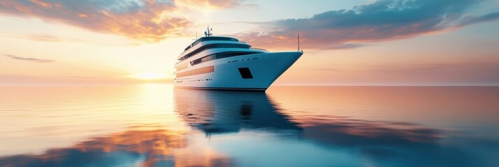 Poster - Luxury yacht anchored in calm waters at sunset with a beautiful sky reflection. Generative AI