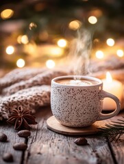 Fototapete - Warm coffee cup exudes steam on rustic table surrounded by cozy decorations and soft lighting. Generative AI