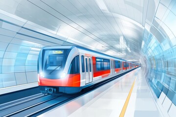 Poster - Metro train traveling through a modern underground tunnel with a detailed subway map displayed. Generative AI