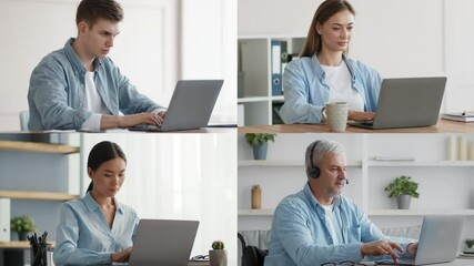 Poster - Four individuals are focused on their laptops in different home office settings. Each person is working intently, showcasing the modern work-from-home lifestyle.