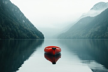 Poster - Solitary kayak floating on a serene mountain lake surrounded by misty hills at sunrise. Generative AI