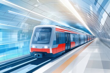 Poster - Metro station interior showcasing a sleek subway train traveling through a modern underground environment. Generative AI