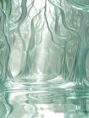 Fototapete - Glowing reflections in a glass forest with abstract tree shapes under soft light. Generative AI