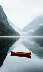 Aufkleber - Lone kayak resting on tranquil mountain lake surrounded by misty peaks and calm waters at dawn. Generative AI