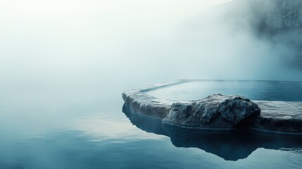 Poster - Serene hot spring surrounded by rocks with steam rising in a tranquil atmosphere at dawn. Generative AI
