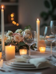 Poster - Elegant festive dining table featuring glowing candles and fresh flowers for a warm and inviting gathering experience. Generative AI
