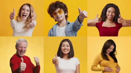 Poster - A cheerful gathering features six individuals of varying backgrounds, all expressing positivity with thumbs up gestures. Their vibrant clothing contrasts beautifully with the yellow background.