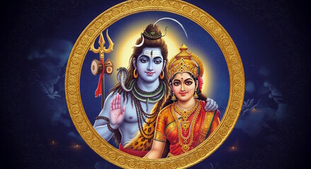 Wall Mural - beautiful portrait of Hindu religion god Shiva or shiv with goddess Parvati in golden frame 