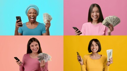 Poster - Four women express joy and surprise while holding money and smartphones against colorful backgrounds. Their reactions suggest excitement about a recent financial achievement.