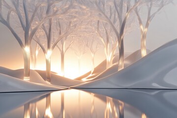 Fototapete - Glowing reflections in a glass forest with abstract tree shapes creating a serene atmosphere at dusk. Generative AI