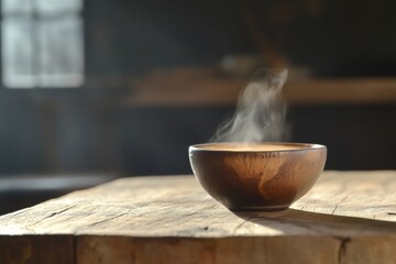 Aufkleber - Warm coffee cup resting on rustic wooden table with steam rising in cozy setting during morning. Generative AI