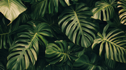 Lush green monstera leaves create vibrant tropical background