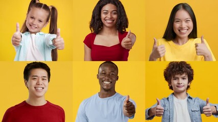 Poster - A cheerful group of six young individuals displays positive energy with smiles and thumbs up. They represent a range of backgrounds and share a warm moment against a bright yellow background.