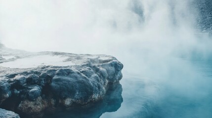 Poster - Serene hot spring surrounded by rocky edges with steam rising in a tranquil natural landscape. Generative AI