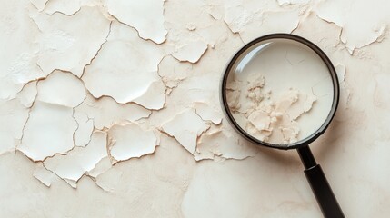 Fototapete - Magnifying glass reveals details of dry, flaky skin texture on a surface in bright light. Generative AI