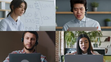 Poster - Students actively participate in virtual learning sessions, discussing various topics while using headphones and laptops