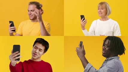 Poster - Four people, each in separate sections, wave at their smartphones with cheerful expressions. The bright yellow backdrop adds a lively touch, enhancing their friendly interaction.