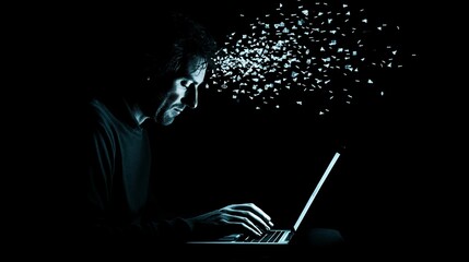 Man using laptop, data streaming, dark background, digital concept