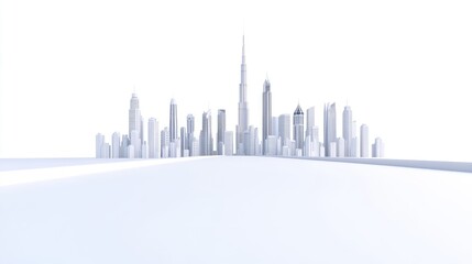 Futuristic skyline featuring iconic skyscrapers against a minimalist white background