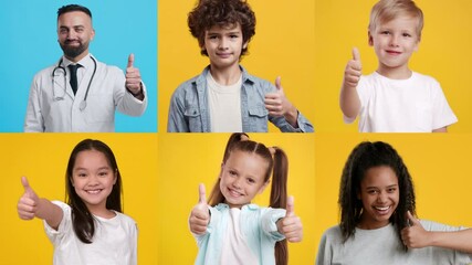 Poster - A cheerful doctor stands alongside happy children, all giving thumbs up against vibrant yellow and blue backgrounds. Their smiles convey positivity and encouragement.