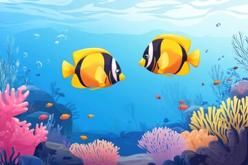 Poster - Vibrant coral reef teeming with tropical fish in a colorful underwater ecosystem. Generative AI
