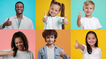 Poster - A diverse group of children and one adult enthusiastically give thumbs up, smiling brightly against a vibrant backdrop of blue and yellow. Their joyful expressions convey positivity and encouragement.