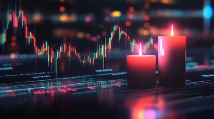 Aufkleber - Candlestick Chart with Lit Candles Symbolizing Market Fluctuations and Trading Analysis