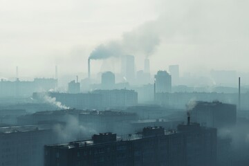 Poster - Dense smog blankets city skyline with industrial chimneys emitting thick smoke in urban environment. Generative AI