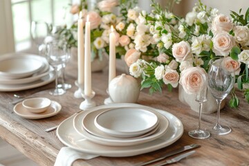 Poster - Elegant festive dining table set with glowing candles and fresh flowers for a special occasion. Generative AI