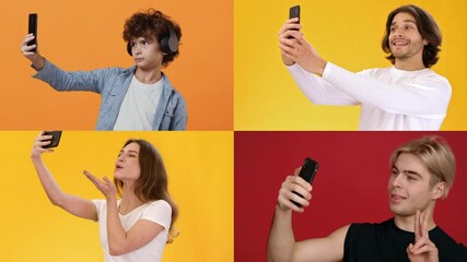 Poster - Four individuals are joyfully taking selfies against bright, colorful backdrops. Each has a distinct expression, showcasing their enjoyment and engagement with their smartphones.