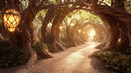 Wall Mural - Enchanted Hidden Labyrinth of Twisted Trees and Lanterns