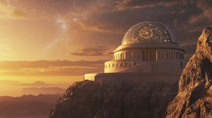 Wall Mural - Dramatic Cliffside Observatory Surrounded by Starry Skies at Sunset